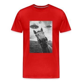 Cheval selfie OVNI - T-shirt bio Premium Homme - rouge - Devant - Damien (186cm)