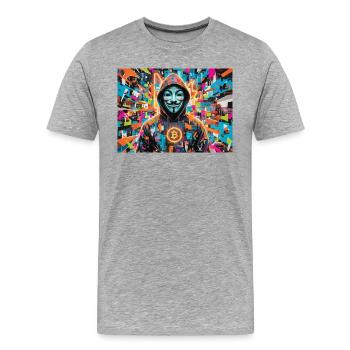 Bitcoin Bazooka - PopArt - Satoshi 3 - T-shirt bio Premium Homme - gris chiné - Devant - Damien (186cm)
