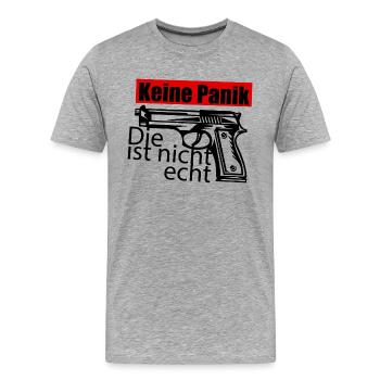 Keine Panik ! Die ist nicht echt. - Knarre - Gun - Männer Premium Bio T-Shirt - Grau meliert - Vorne - Damien (186cm)