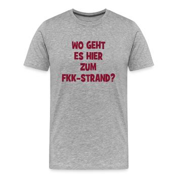 Wo geht es hier zum FKK-Strand? - Männer Premium Bio T-Shirt - Grau meliert - Vorne - Damien (186cm)