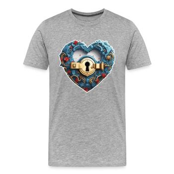 Serrure d’épaule / Clé / Serrure de coeur / Motif - T-shirt bio Premium Homme - gris chiné - Devant - Damien (186cm)
