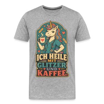 Einhorn Pflege Glitzer Kaffee Shirt - Männer Premium Bio T-Shirt - Grau meliert - Vorne - Damien (186cm)