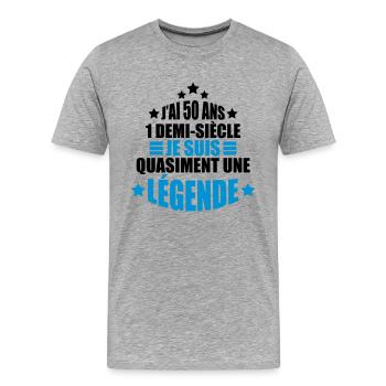 J'ai 50 ans 1 demi-siècle quasiment une légende - T-shirt bio Premium Homme - gris chiné - Devant - Damien (186cm)