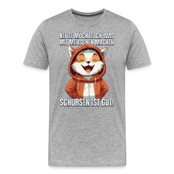 Cartoon Katze in Hoodie: "Heute Menschen schubsen" - Männer Premium Bio T-Shirt - Grau meliert - Vorne - Damien (186cm)