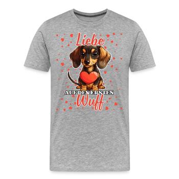 Liebe auf den ersten Wuff - Lustige Dackel Liebe - Männer Premium Bio T-Shirt - Grau meliert - Vorne - Damien (186cm)
