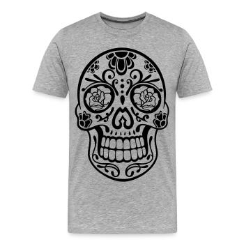 Tête de mort traditionnelle « sugar skull » du Mexique - T-shirt bio Premium Homme - gris chiné - Devant - Damien (186cm)