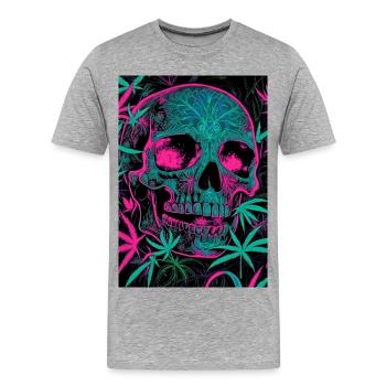 Neon-Skull mit Cannabisblatt-Pattern - Männer Premium Bio T-Shirt - Grau meliert - Vorne - Damien (186cm)