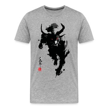 Oni Hannya – Démon Japonais Sumi-e Cornes Rouges - T-shirt bio Premium Homme - gris chiné - Devant - Damien (186cm)