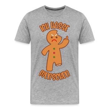 Lebkuchenmann Mittelfinger Ich hasse Menschen - Männer Premium Bio T-Shirt - Grau meliert - Vorne - Damien (186cm)