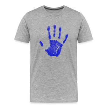 Empreinte de main peinte identité doigts et paume bleu - T-shirt bio Premium Homme - gris chiné - Devant - Damien (186cm)