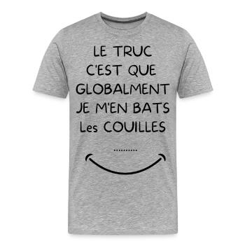 Homme Tee Shirt Humour - Je M'en Bats Les Couilles - T-shirt bio Premium Homme - gris chiné - Devant - Damien (186cm)