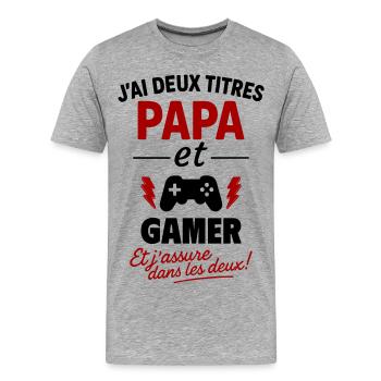 Papa Gamer Deux Titres Humour Geek Gaming - T-shirt bio Premium Homme - gris chiné - Devant - Damien (186cm)