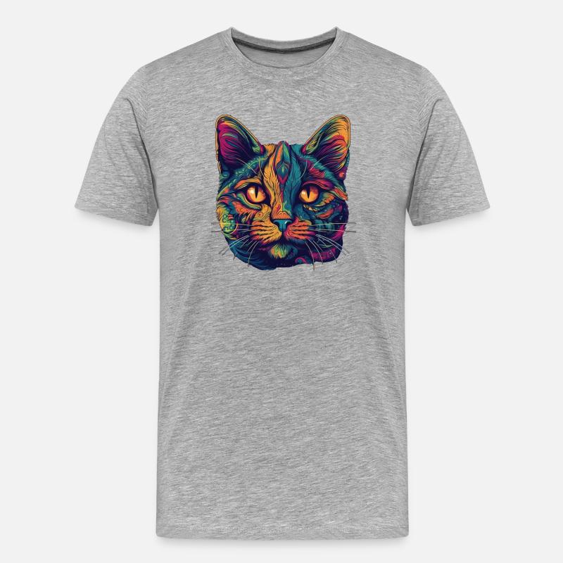 Psychedelisches Katzengesicht mit bunten Mustern - Männer Premium Bio T-Shirt - Grau meliert