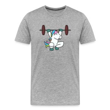 Licorne haltérophile cadeau gym fitness poids - T-shirt bio Premium Homme - gris chiné - Devant - Damien (186cm)