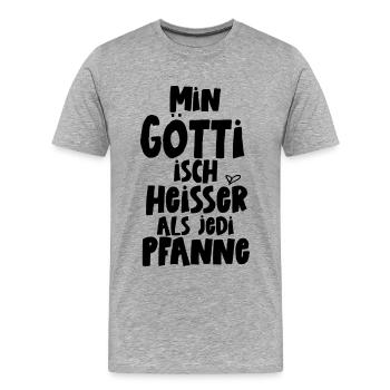 Min Götti isch heisser als jede Pfanne Schweiz - Männer Premium Bio T-Shirt - Grau meliert - Vorne - Damien (186cm)