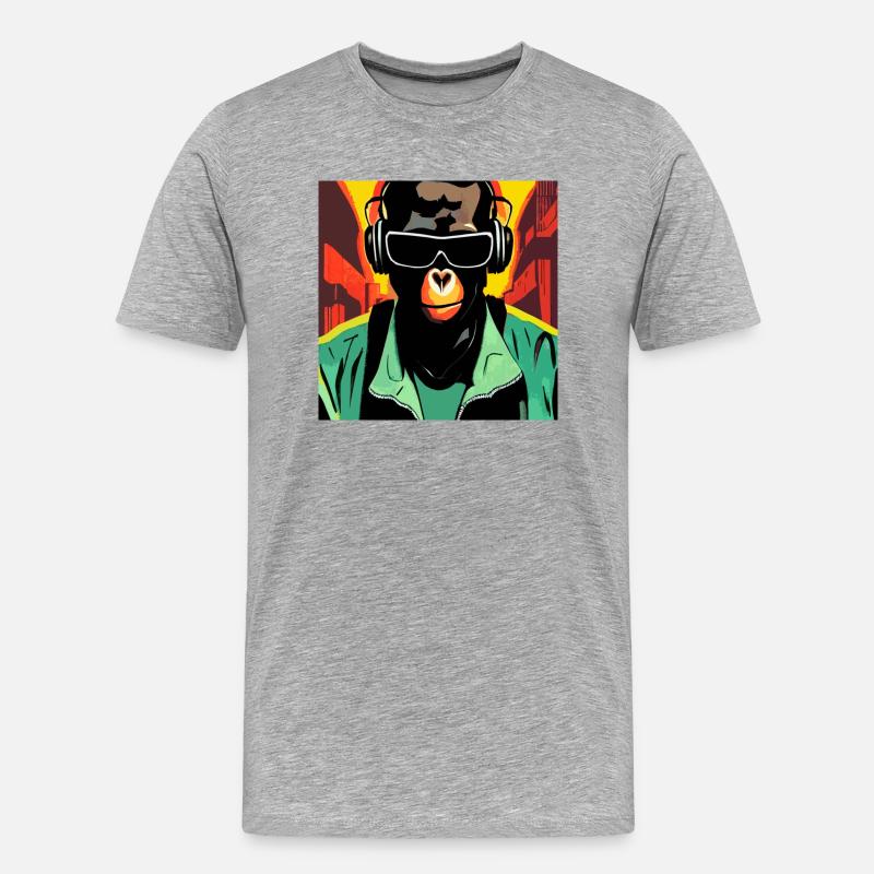 Affe hört Musik mit Kopfhörern - Männer Premium Bio T-Shirt - Grau meliert