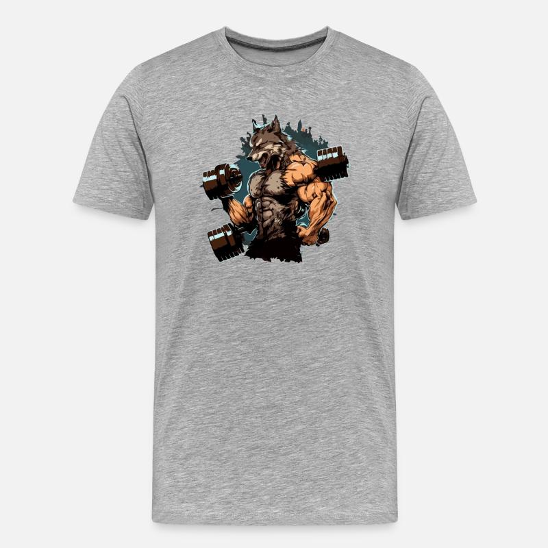 Der Wolfsmann im Kraftraum - Männer Premium Bio T-Shirt - Grau meliert