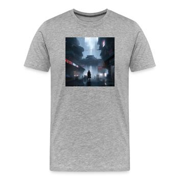 Shadow Ronin: Samurai-Silhouette im Regen - Männer Premium Bio T-Shirt - Grau meliert - Vorne - Damien (186cm)
