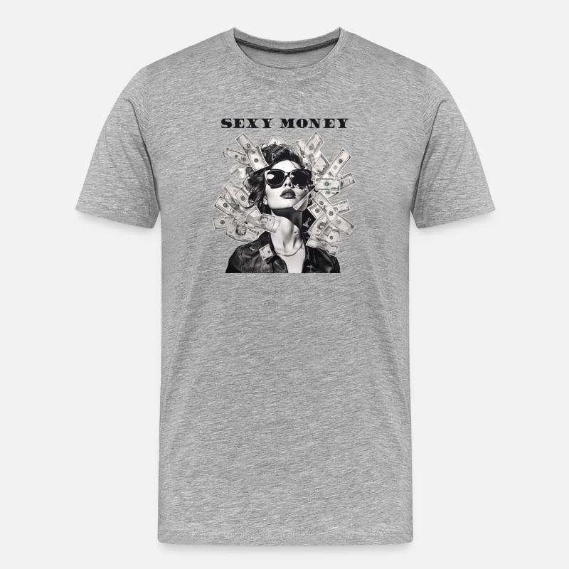 Frau mit Sonnenbrille Lederjacke Geld - Männer Premium Bio T-Shirt - Grau meliert