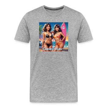 Das Bild zeigt drei Skelette, die auf farbenfrohen - Männer Premium Bio T-Shirt - Grau meliert - Vorne - Damien (186cm)
