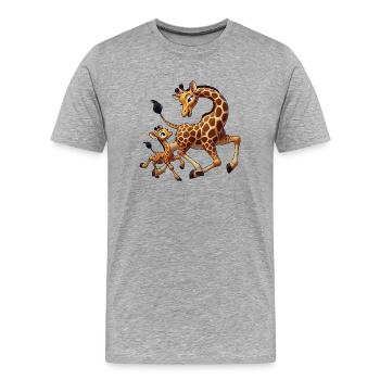 Mère girafe avec enfant gambadant - T-shirt bio Premium Homme - gris chiné - Devant - Damien (186cm)