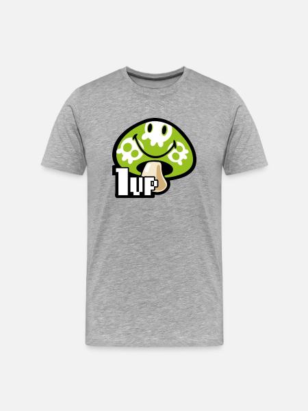 Smiley Kawaii 1up Skull Mushroom - Men's Premium Organic T-Shirt - heather grey
