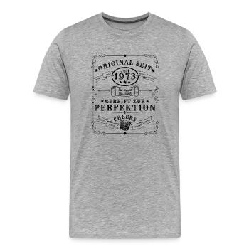 Juli 1973: 50 Jahre, trinkt gerne Rum, Gin, Whisky - Männer Premium Bio T-Shirt - Grau meliert - Vorne - Damien (186cm)