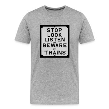 Vintage Beware of Trains sign - Men's Premium Organic T-Shirt - heather grey - Front - Damien (186cm)