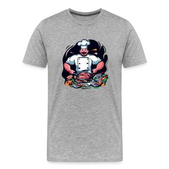 COOLES TSHIRT. EIN KOCH, DER EINE GROSSE MAHLZEIT ZUBEREITET - Männer Premium Bio T-Shirt - Grau meliert - Vorne - Damien (186cm)