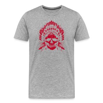 roter Totenkopf mit Kopfschmuck eines Häuptlings - Männer Premium Bio T-Shirt - Grau meliert - Vorne - Damien (186cm)
