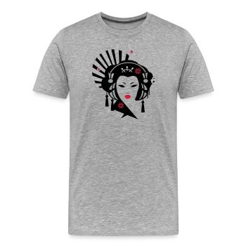 Geisha mit Kopfhörer - Männer Premium Bio T-Shirt - Grau meliert - Vorne - Damien (186cm)