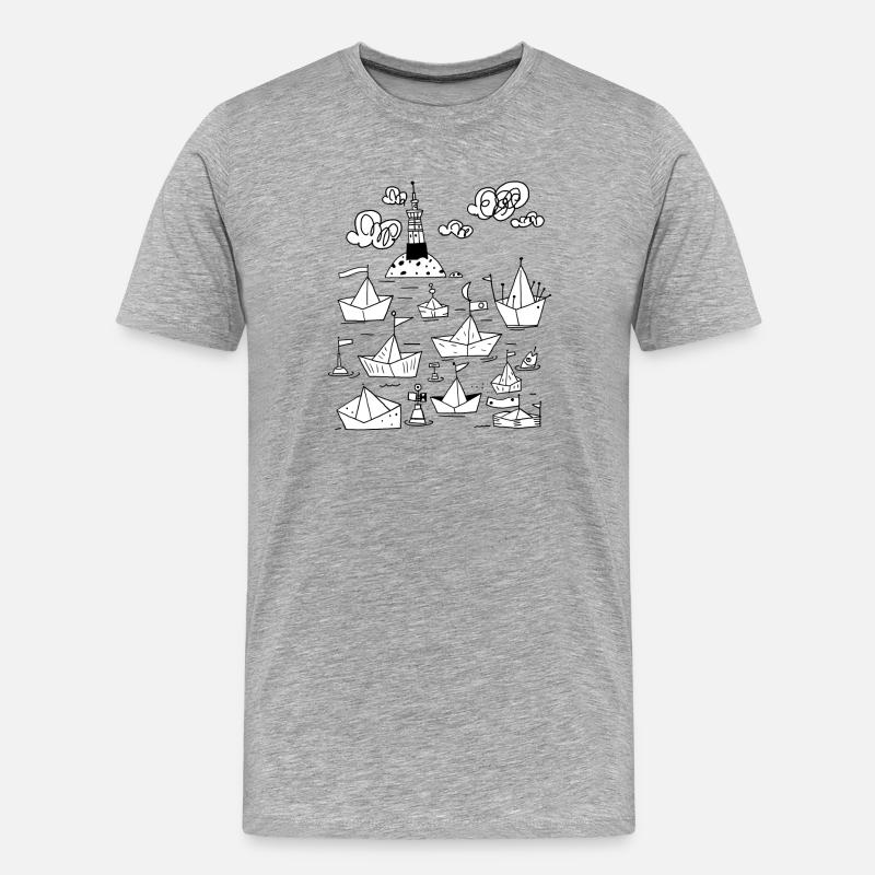 Papierschiffchen mit Leuchtturm - Männer Premium Bio T-Shirt - Grau meliert