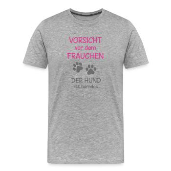 Vorsicht vor dem Frauchen Hund ist harmlos - Männer Premium Bio T-Shirt - Grau meliert - Vorne - Damien (186cm)