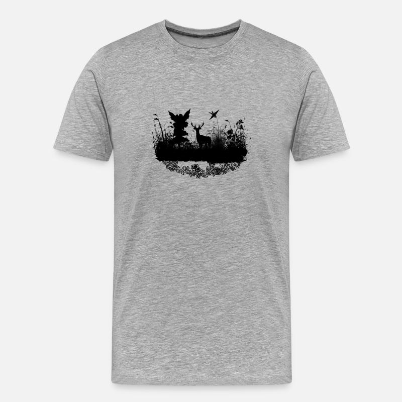 Kleine Fee mit Rotwild nachts - Männer Premium Bio T-Shirt - Grau meliert