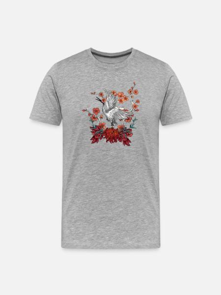 Schöner Kranich mit Blumen - Männer Premium Bio T-Shirt - Grau meliert