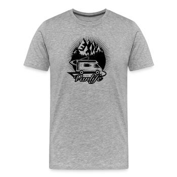 Campeurs sur la route avec la typographie Van Life - T-shirt bio Premium Homme - gris chiné - Devant - Damien (186cm)