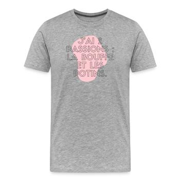 Humour girls 2 passions : bouffe et potins - T-shirt bio Premium Homme - gris chiné - Devant - Damien (186cm)