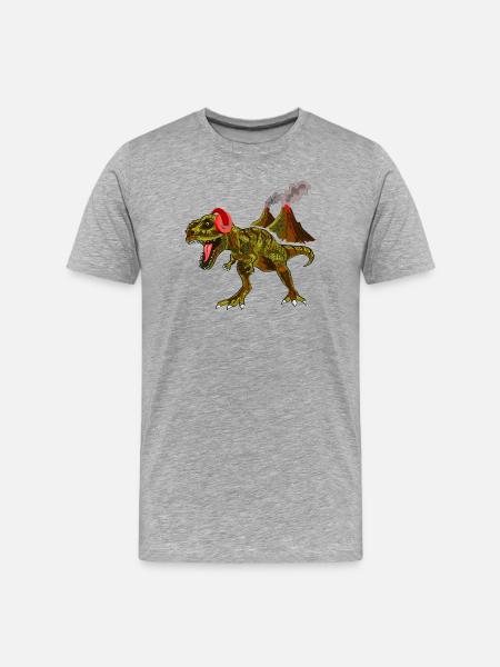 Dinosaurier mit Kopfhörern vor Vulkan - Männer Premium Bio T-Shirt - Grau meliert