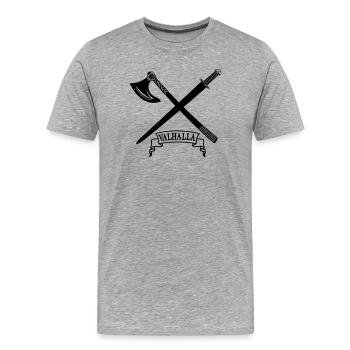 Valhalla avec hache et épée - T-shirt bio Premium Homme - gris chiné - Devant - Damien (186cm)
