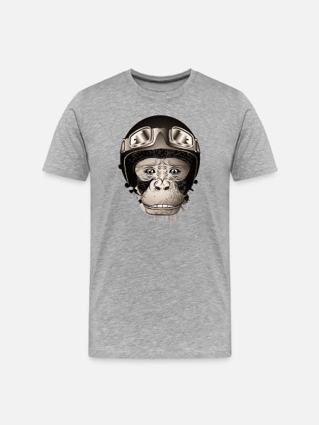 Chimpanse med retro motorcykel hjelm og beskyttelsesbriller - Herre Premium T-shirt økologisk - grå meleret