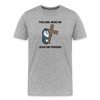 Pingouin et christianisme croisent chères filles - T-shirt bio Premium Homme - gris chiné - Devant - Damien (186cm)