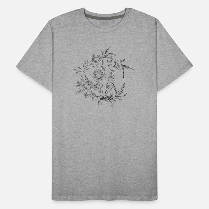 Chat assis sur une lune florale, composition flora T-shirt bio Premium Homme