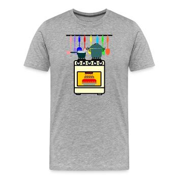 Kitchen utensils with oven pans on fire and cake - Men's Premium Organic T-Shirt - heather grey - Front - Damien (186cm)