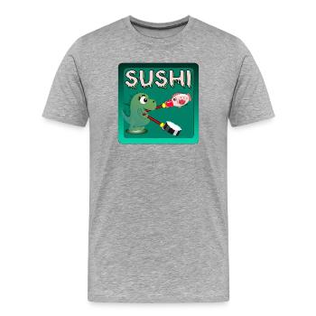 CADEAUX DE MAKI SUSHI DRÔLES - DINOSAURE ALIMENTAIRE - T-shirt bio Premium Homme - gris chiné - Devant - Damien (186cm)