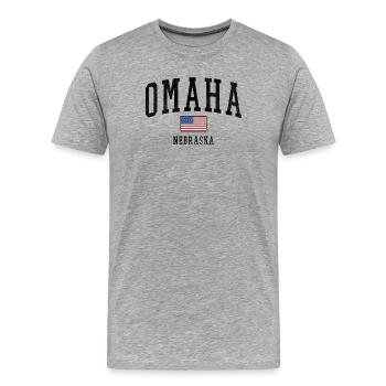 Motif Omaha, Nebraska USA avec drapeau - T-shirt bio Premium Homme - gris chiné - Devant - Damien (186cm)
