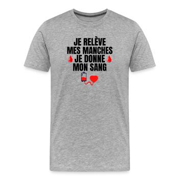 don du sang, donneur de sang, je donne mon sang - T-shirt bio Premium Homme - gris chiné - Devant - Damien (186cm)