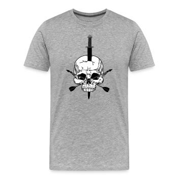 Crâne blanc percé d’épée et de deux sangs - T-shirt bio Premium Homme - gris chiné - Devant - Damien (186cm)