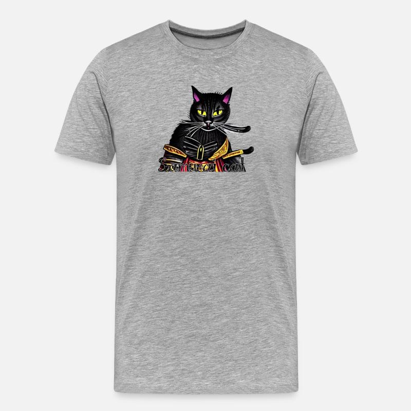 Samurai-Katze mit Goldrüstung - Männer Premium Bio T-Shirt - Grau meliert