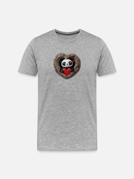 Panda Herz in Felsenhöhle - Männer Premium Bio T-Shirt - Grau meliert