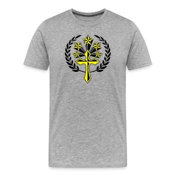Yellow cross five stars in laurel wreath - Men's Premium Organic T-Shirt - heather grey - Front - Damien (186cm)